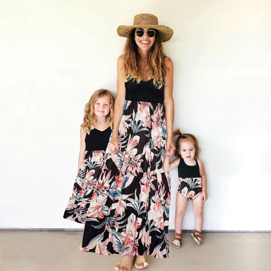 Clothing Europe United States parent-child color matching dress color flower print extreme-bottom short-sleeved skirt floral