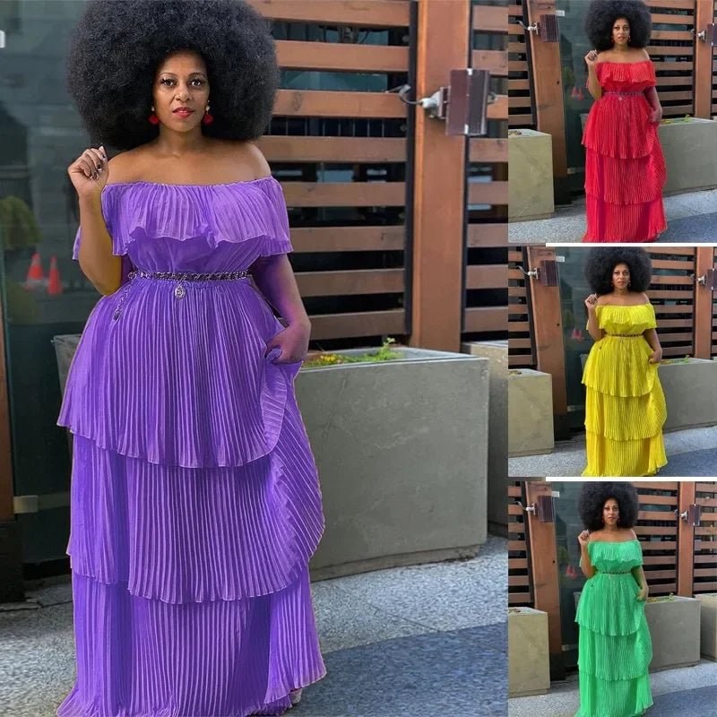 Women's Chiffon One-shoulder Pleated Maxi Dress Sexy Off-the-shoulder Waist Cake Skirt Party Holiday Beach Dress Women Clothing