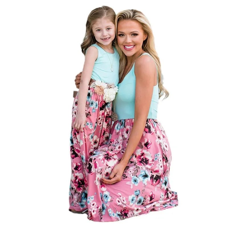 Clothing Europe United States parent-child color matching dress color flower print extreme-bottom short-sleeved skirt floral
